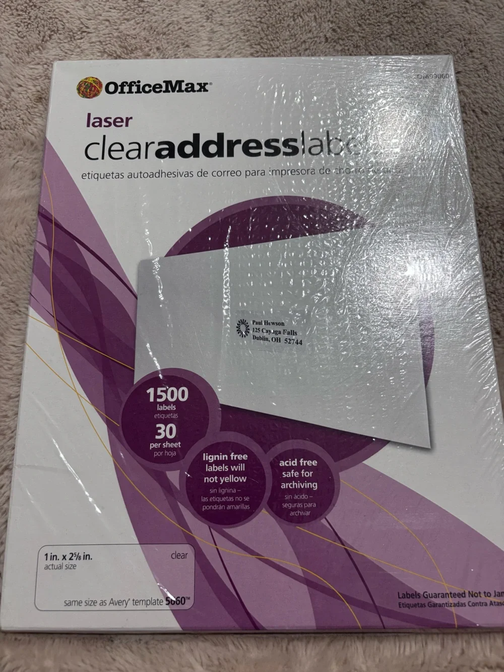OfficeMax Laser Clear Address Labels - White with Purple Packaging